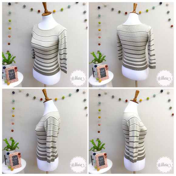 Beige Striped 3/4 Sleeve Lightweight Stretch-Knit - Picture 4 of 8